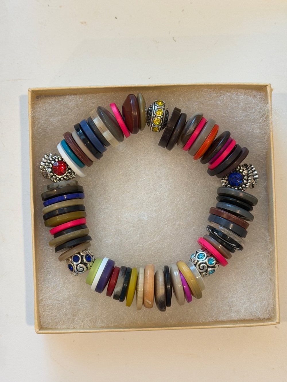 Hand Crafted Multicolor Buttons bling Bracelet Pink, Yellow, Black, Green, Blue